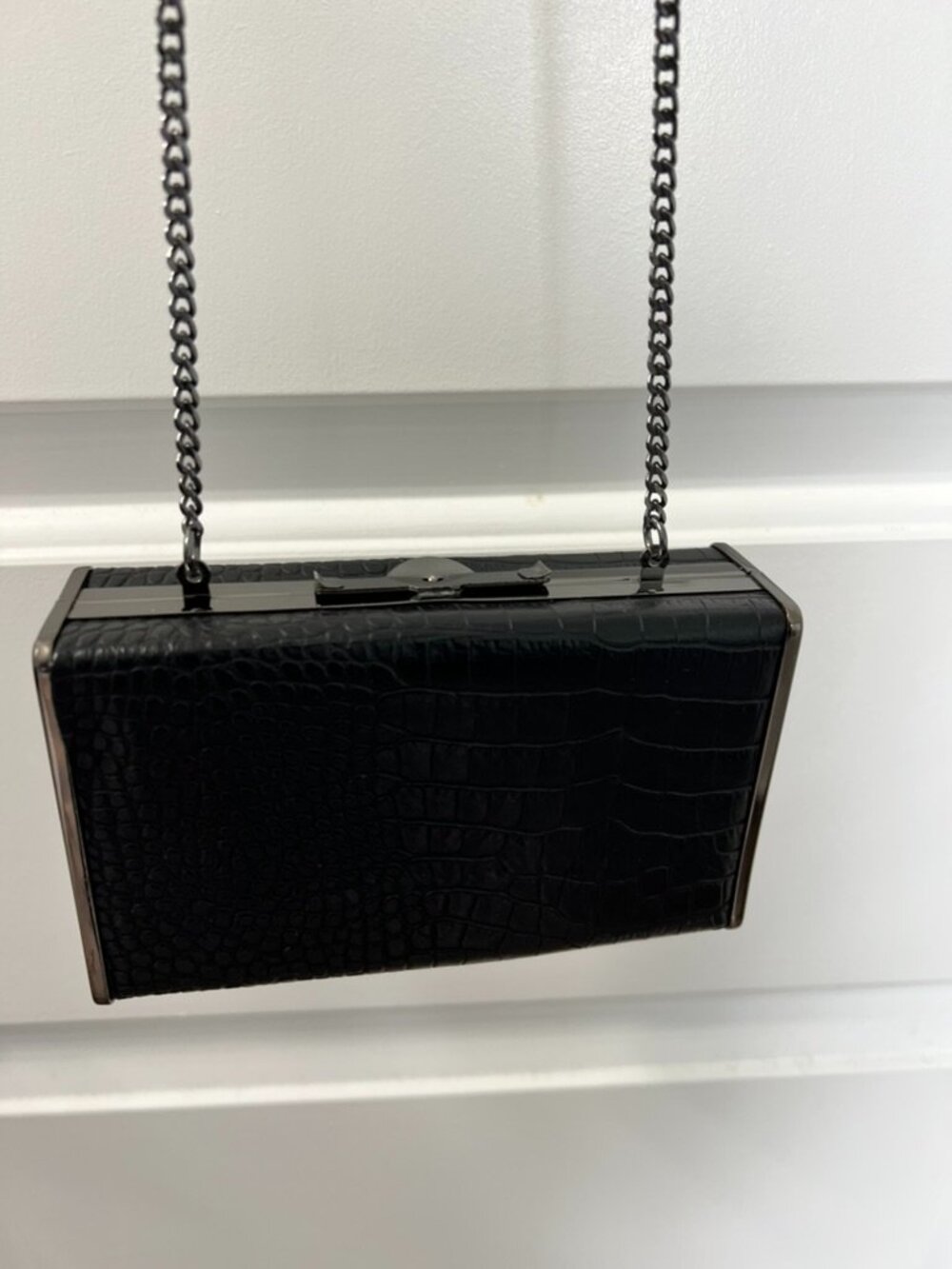 Zara Trafaluc Black Faux Croc Box Clutch Chain Shoulder Bag Evening Purse